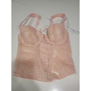 Victoria Secret Bra Womens 32C Pink & Ivory Long Line Corset Lace Up Front Bn1